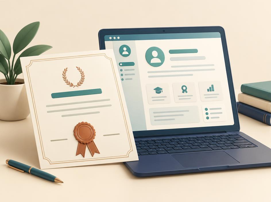 Un certificado de Prifina junto a un portátil que muestra una página de perfil